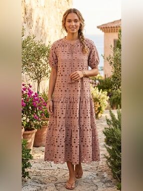 Ollari NY /Eyelet Midi Dress in Terracotta Brown - Sz. S - NWT